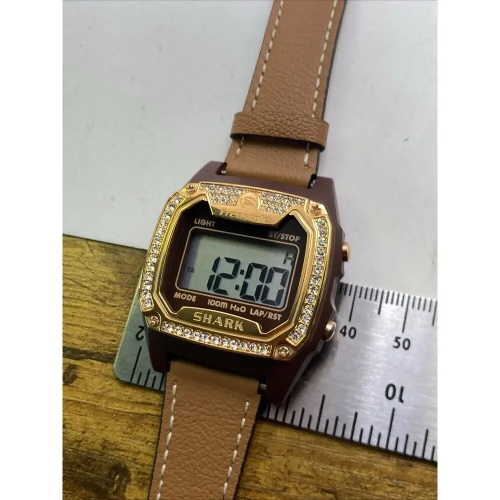 Freestyle Shark Rosegold Rhinestone Brown Leather Band Surfing Watch New Battery